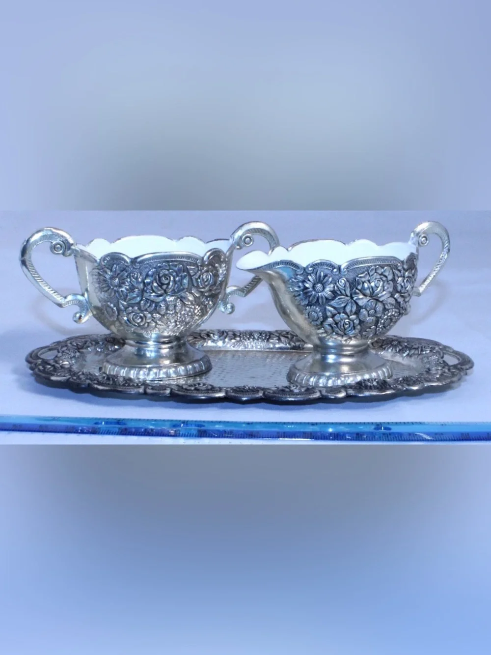 Vintage MCM 3-piece Art Nouveau Silver-Plated cream and sugar Serving tray Set